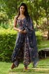 Buy_Pasha India_Blue Linen Printed Jumpsuit With Drape _at_Aza_Fashions