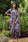 Buy_Pasha India_Blue Linen Printed Floral Boat Jumpsuit With Drape _at_Aza_Fashions