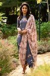 Buy_Pasha India_Blue Linen Printed Floral Boat Jumpsuit With Drape _at_Aza_Fashions