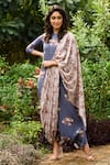 Buy_Pasha India_Blue Linen Floral Print Boat Jumpsuit With Drape _at_Aza_Fashions