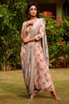 Buy_Pasha India_Pink Linen Printed Floral Round Jumpsuit With Drape _at_Aza_Fashions