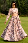 Buy_Pasha India_Blue Linen Printed Floral Round Crop Top And Skirt Set _at_Aza_Fashions