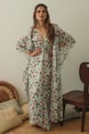 Buy_Pasha India_Green Linen Floral, Stripes V Neck Printed Draped Kaftan _at_Aza_Fashions