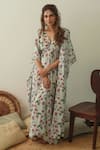 Pasha India_Green Linen Floral, Stripes V Neck Printed Draped Kaftan _Online_at_Aza_Fashions