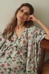 Pasha India_Green Linen Floral, Stripes V Neck Printed Draped Kaftan _at_Aza_Fashions