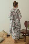 Shop_Pasha India_Blue Linen Floral, Stripes V Neck Printed Draped Kaftan _at_Aza_Fashions