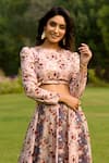 Shop_Pasha India_Blue Linen Printed Floral Round Crop Top And Skirt Set _at_Aza_Fashions