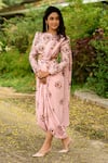 Pasha India_Pink Linen Printed Floral Round Pre-draped Saree With Blouse _Online_at_Aza_Fashions