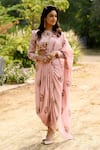 Pasha India_Pink Linen Printed Floral Round Pre-draped Saree With Blouse _at_Aza_Fashions