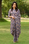 Pasha India_Blue Linen Printed Floral Round Saree Dress With Belt _Online_at_Aza_Fashions