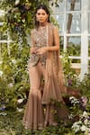 Buy_Rococo_Brown Chiffon Cutdana Work, Mirror Work, Sequins Round Caitri Sharara Set _at_Aza_Fashions