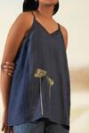 Buy_Febo6_Blue Linen Sequin, Primrose V Neck Top _Online_at_Aza_Fashions
