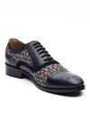 Mistersinister_Black Crust Leather With Crease-free Printed Canvas Crust Leather Brogue Shoes_Online_at_Aza_Fashions