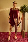 Buy_Tasuvure Indes_Maroon Pleated Embroidery Floral Square Neck Divine Cape And Pant Set _at_Aza_Fashions