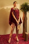 Shop_Tasuvure Indes_Maroon Pleated Embroidery Floral Square Neck Divine Cape And Pant Set _at_Aza_Fashions