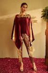 Tasuvure Indes_Maroon Pleated Embroidery Floral Square Neck Divine Cape And Pant Set _Online_at_Aza_Fashions