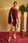 Buy_Tasuvure Indes_Maroon Pleated Embroidery Floral Square Neck Divine Cape And Pant Set _Online_at_Aza_Fashions