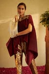 Tasuvure Indes_Maroon Pleated Embroidery Floral Square Neck Divine Cape And Pant Set _at_Aza_Fashions