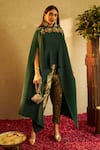 Buy_Tasuvure Indes_Green Pleated Embroidery Floral Straight Divine Cape And Pant Set _at_Aza_Fashions