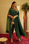 Buy_Tasuvure Indes_Green Pleated Embroidery Floral Straight Divine Cape And Pant Set _Online_at_Aza_Fashions