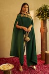 Shop_Tasuvure Indes_Green Pleated Embroidery Floral Straight Divine Cape And Pant Set _Online_at_Aza_Fashions