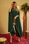 Tasuvure Indes_Green Pleated Embroidery Floral Straight Divine Cape And Pant Set _at_Aza_Fashions