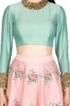 Salt And Spring_Peach Chanderi Rose Motifs Round Embroidered Lehenga Set _at_Aza_Fashions
