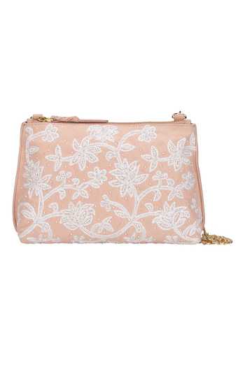 Buy_The Leather Garden_Peach Embroidery, Pearls Carnation Embellished Bag With Sling _at_Aza_Fashions