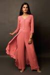 Buy_Jasmine Bains_Pink Cupro Georgette V Neck Front Slit Kurta Palazzo Set _at_Aza_Fashions
