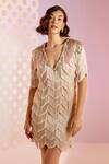 Pankaj & Nidhi_Beige Tulle Hand Embellished Sequins V Neck Cascade Fringe Dress  _Online_at_Aza_Fashions