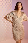 Buy_Pankaj & Nidhi_Beige Tulle Hand Embellished Sequins V Neck Cascade Fringe Dress  _Online_at_Aza_Fashions