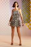 Buy_Pankaj & Nidhi_Grey Tulle Bead Work, Sequins Square Neck Cascade Fringe Dress_at_Aza_Fashions