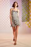 Pankaj & Nidhi_Grey Tulle Bead Work, Sequins Square Neck Cascade Fringe Dress_Online_at_Aza_Fashions