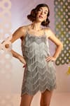 Buy_Pankaj & Nidhi_Grey Tulle Bead Work, Sequins Square Neck Cascade Fringe Dress_Online_at_Aza_Fashions