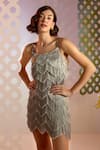 Shop_Pankaj & Nidhi_Grey Tulle Bead Work, Sequins Square Neck Cascade Fringe Dress_Online_at_Aza_Fashions