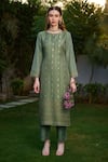 Safaa_Green Vegan Silk Woven Floral And Stripe Pattern Round Neck Ameera Kurta Set _Online_at_Aza_Fashions