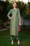 Buy_Safaa_Green Vegan Silk Woven Floral And Stripe Pattern Round Neck Ameera Kurta Set _Online_at_Aza_Fashions