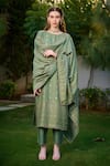 Safaa_Green Vegan Silk Woven Floral And Stripe Pattern Round Neck Ameera Kurta Set _at_Aza_Fashions