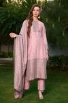 Safaa_Pink Velvet, Silk Gota Patti Keyhole Neck Sabaq Paisley Pattern Woven Kurta Set _at_Aza_Fashions