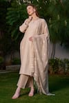 Safaa_Beige Vegan Silk Woven Chikankari Linear Pattern Notched Round Saaz Kurta Set _Online_at_Aza_Fashions