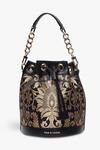 Shop_Tan & Loom_Black Embroidery Bombay Brocade Botanical Woven Bucket Bag _at_Aza_Fashions