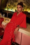 Buy_Cin Cin_Red Luxury Banana Crepe Plain Mandarin Collar Rose Pleated Shirt Dress _Online_at_Aza_Fashions