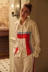 Cin Cin_White Luxury Banana Crepe Plain Collared Neck Ruby Colorblock Shirt_Online_at_Aza_Fashions