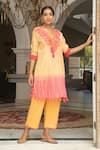 Buy_Cin Cin_Orange Cotton Applique Lace V Neck Floral Motif Kurta And Pant Set_at_Aza_Fashions