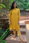 Buy_Chambray & Co._Yellow Organza Round Embroidered Layered Kurta _at_Aza_Fashions