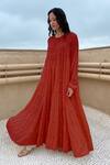 Buy_Chambray & Co._Red Cotton Thread Work Round Tiered Tent Dress_at_Aza_Fashions