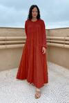 Buy_Chambray & Co._Red Cotton Thread Work Round Tiered Tent Dress_Online_at_Aza_Fashions