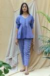 Buy_Chambray & CO._Blue Cotton, Linen Thread Work, French Knot V Neck Peplum Top And Pant Set _at_Aza_Fashions