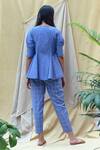 Shop_Chambray & CO._Blue Cotton, Linen Thread Work, French Knot V Neck Peplum Top And Pant Set _at_Aza_Fashions