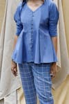 Buy_Chambray & CO._Blue Cotton, Linen Thread Work, French Knot V Neck Peplum Top And Pant Set _Online_at_Aza_Fashions